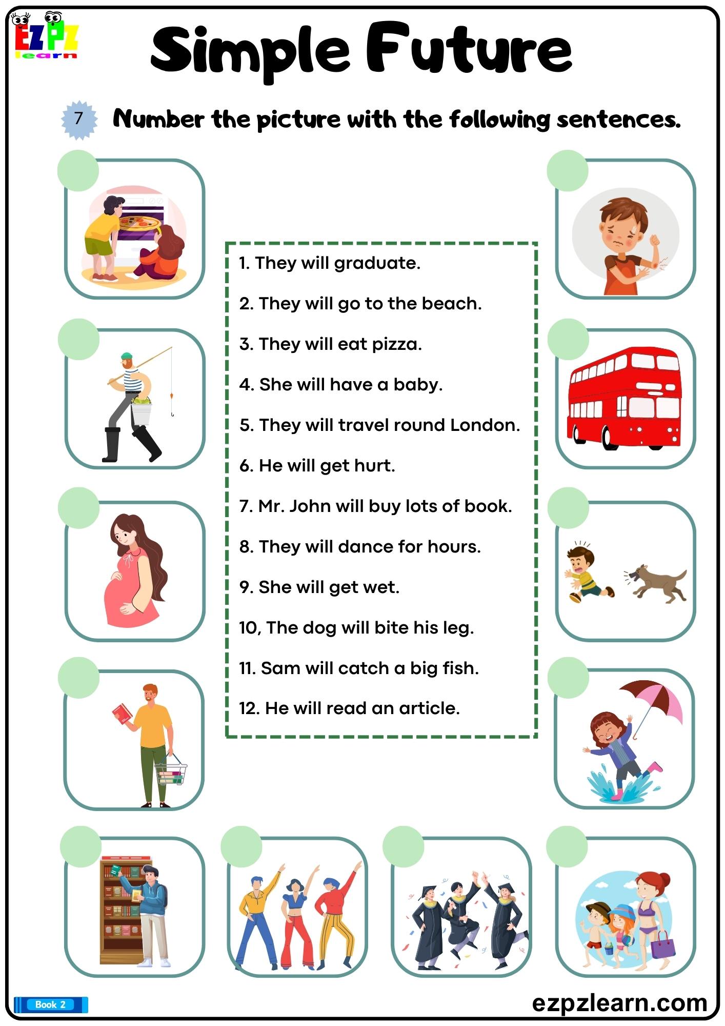 Simple future number the pictures with the correct sentences printable